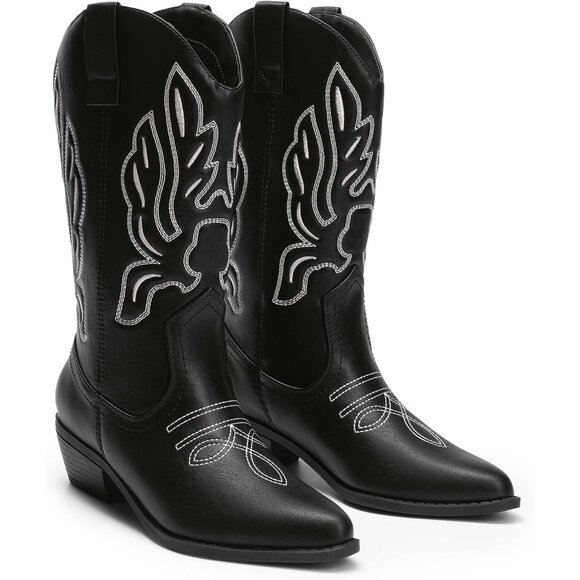 Women's Black-PU Mid Calf Western Embroidery Stitched Faux Leather Cowgirl Boots - Picture 5 of 7